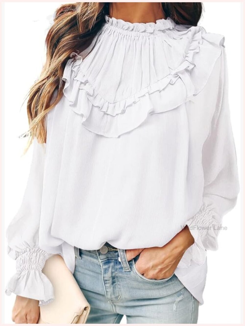 Ruffle Balloon Long Sleeve Pleated Mock Neck Blouse Top Flowy